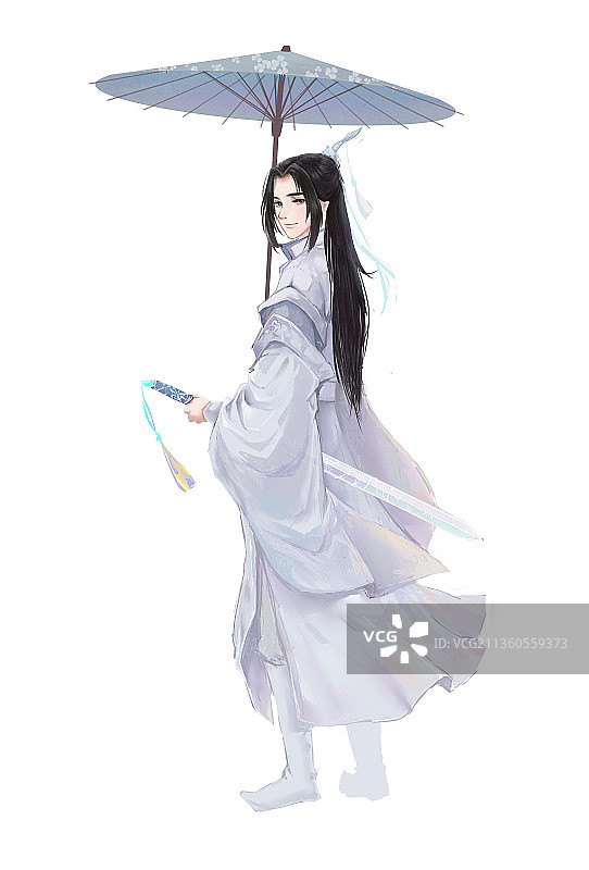白衣男子撑伞回眸图片素材