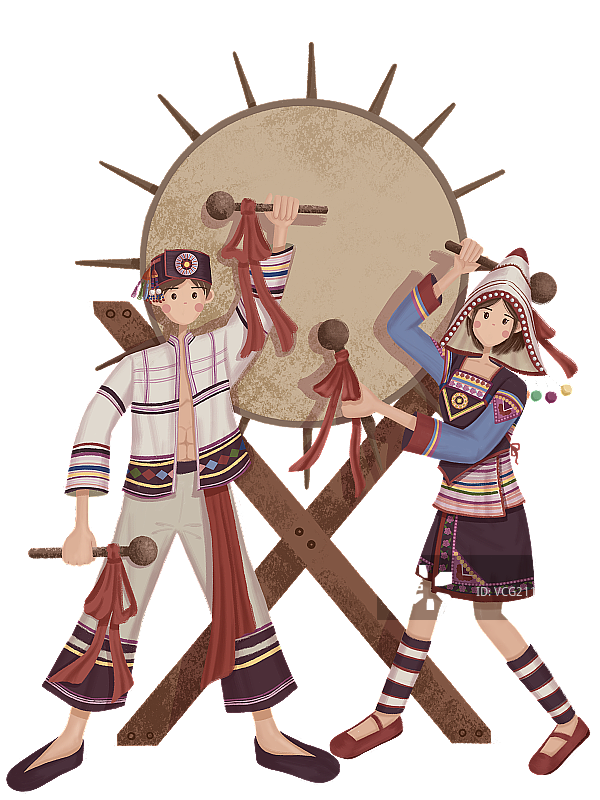 敲打太阳鼓的基诺族少女与少年图片素材