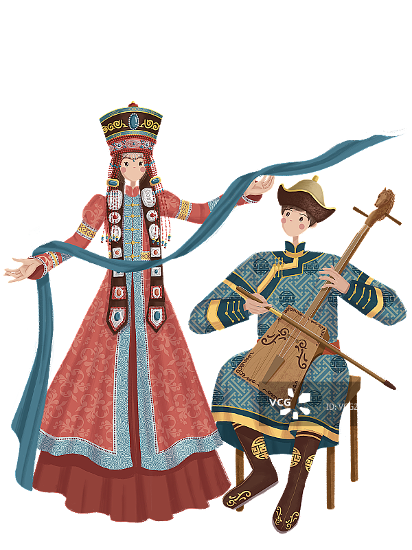 拉马头琴的蒙古族少年与献哈达的蒙古族少女图片素材