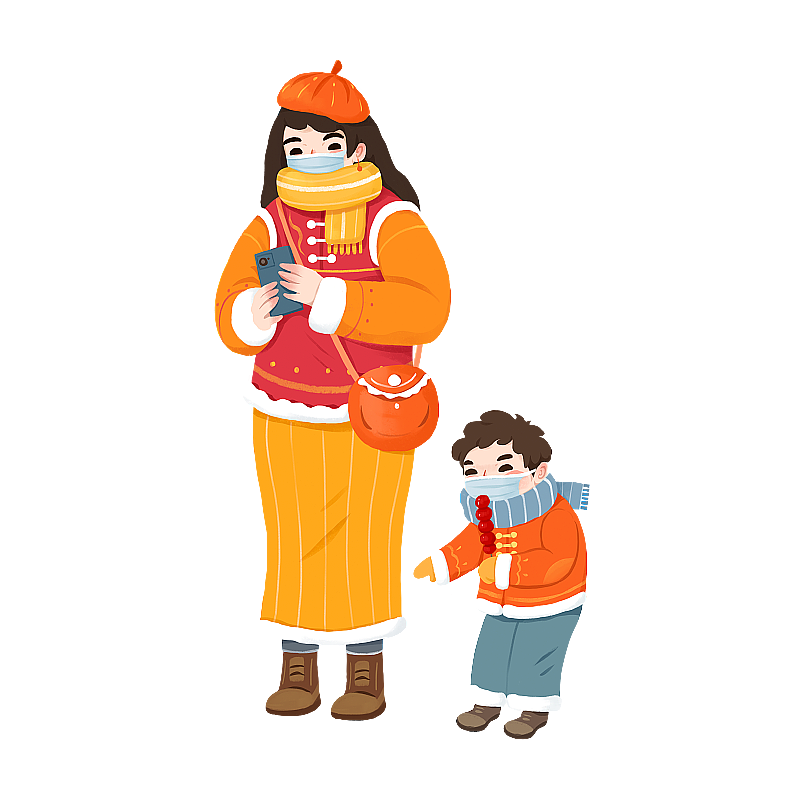 春节插画全家购买年货图片素材