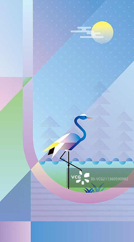 月光下森林里的白鹤几何壁纸插画图片素材