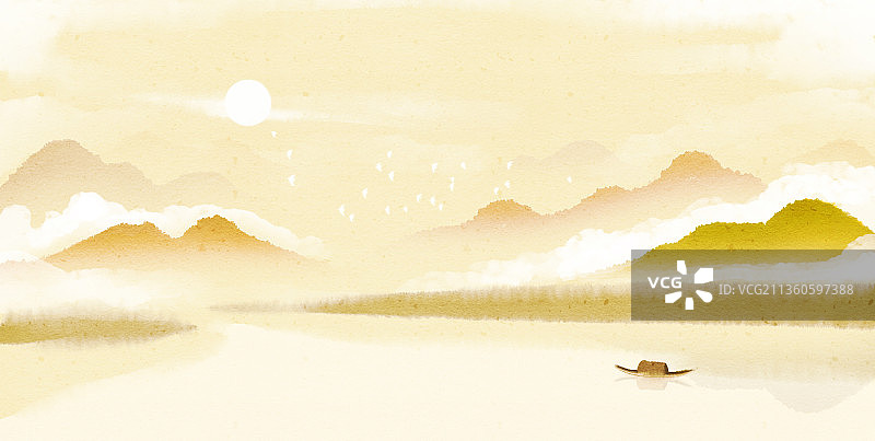 新中式风格秋天的江面风景插画图片素材