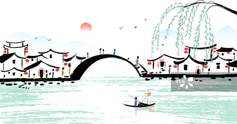 江南水乡新年新气象风景插画图片素材