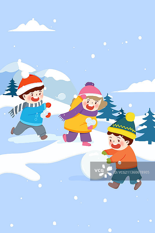 大雪节气儿插可爱小孩子玩雪打雪仗图片素材