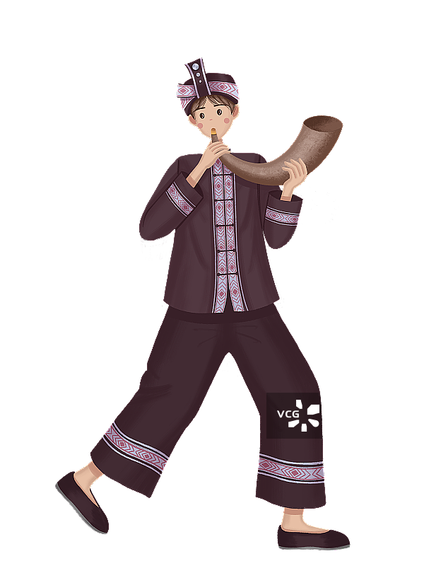 吹大角的仫佬族少年图片素材