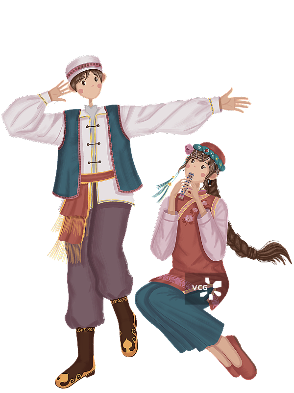 吹咪咪的东乡族少女和跳舞的东乡族少年图片素材