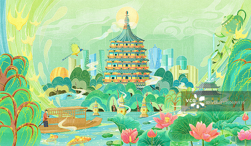 杭州城市建筑中国风插画图片素材