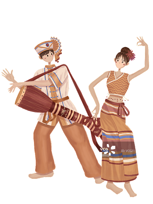 跳长象脚鼓舞的傣族少女与少年图片素材