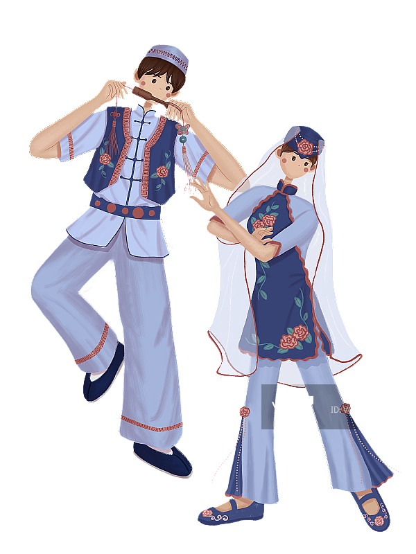 吹口弦的回族少年和跳舞的回族少女图片素材