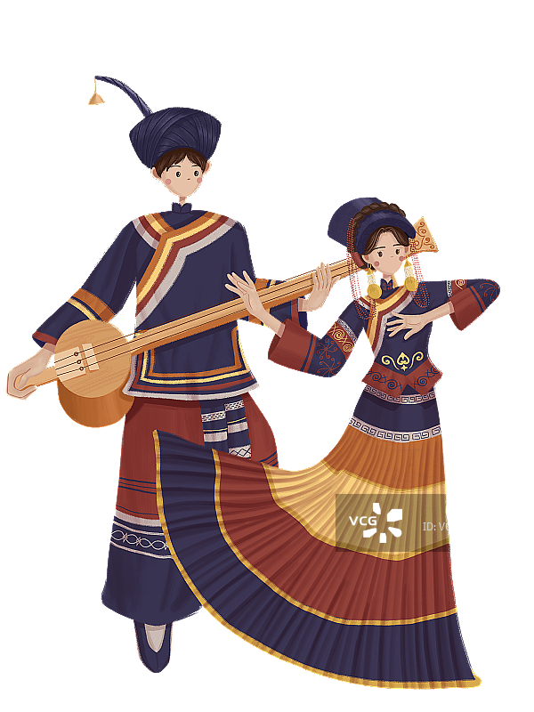弹大三弦的彝族少年与跳舞的彝族少女图片素材