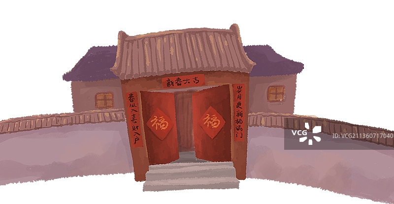 贴对联的房子插画图素2图片素材