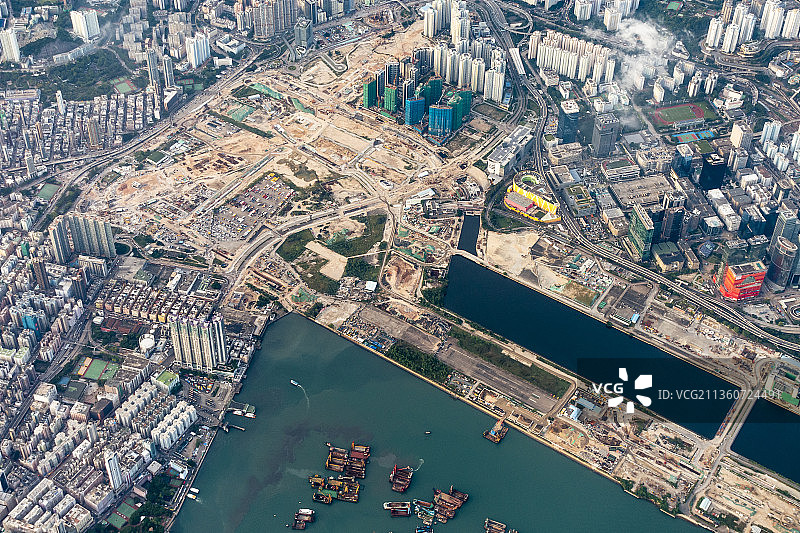 高空航拍香港九龙湾旧启德机场邮轮码头工地图片素材