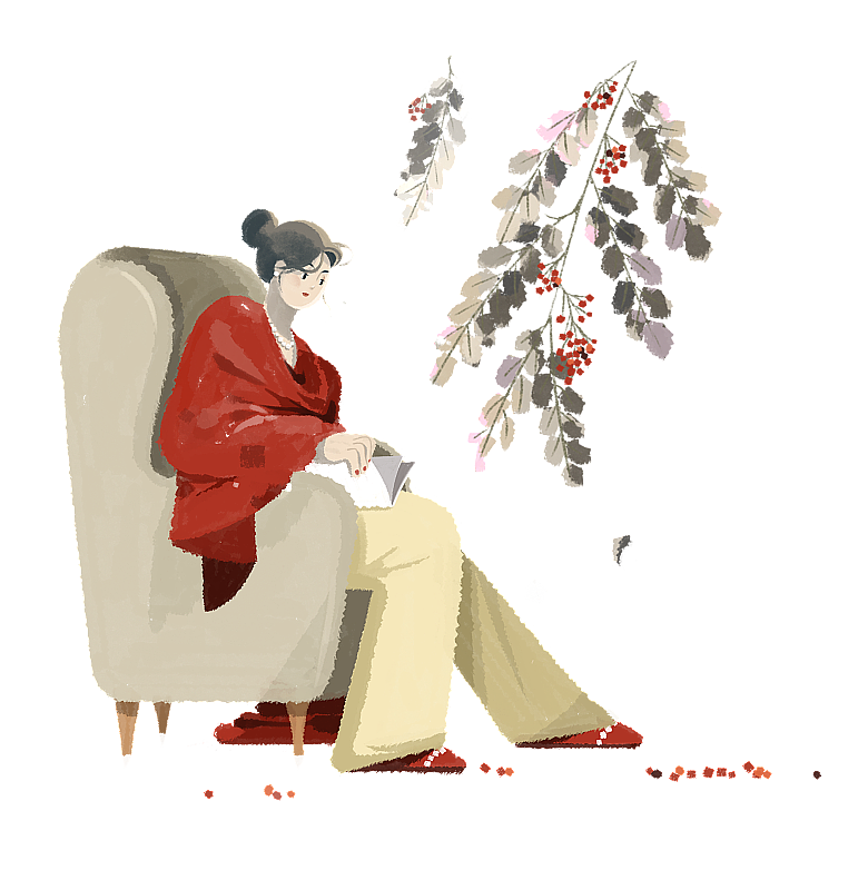 坐在沙发上看书的少女插画元素图片素材