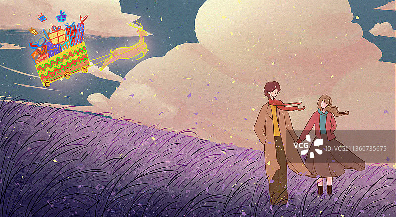 圣诞夜麋鹿拉着礼物飞奔在空中情侣花丛中散步横构图插画图片素材