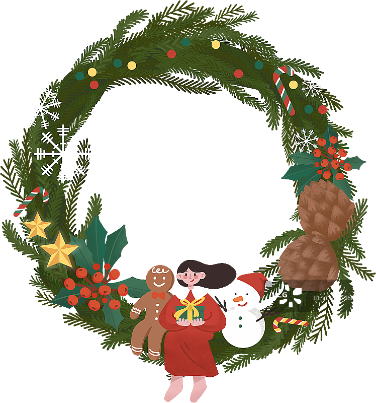 坐在圣诞花环上的女孩图片素材