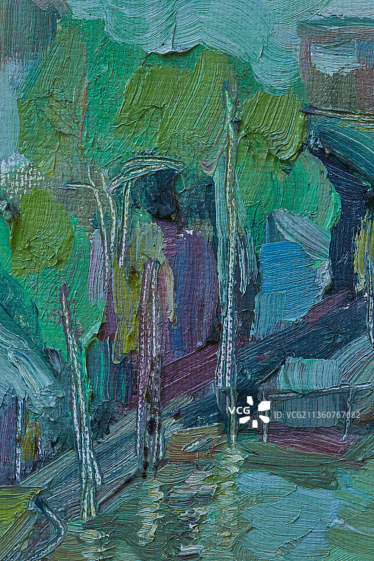 一幅色彩缤纷画风奔放的现代派表现风景油画作品局部图片素材