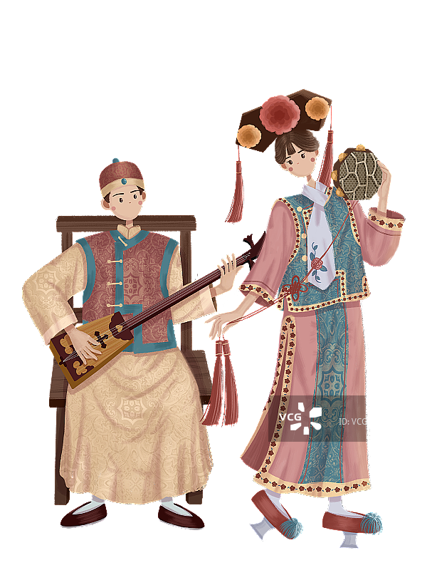 弹卓尔格的满族少年和持八角鼓的满族少女图片素材