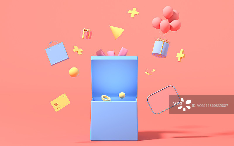 创意礼盒与购物袋3D渲染图片素材