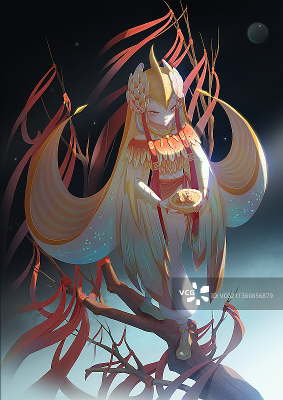 女孩站在绑满红色丝带的树枝上手捧幼鸟的画图片素材