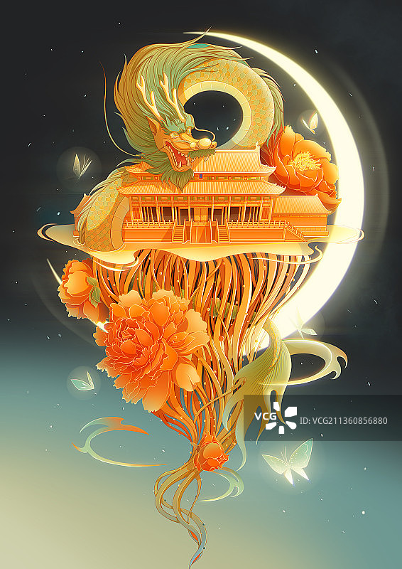弯月下巨龙缠绕故宫底下是牡丹根系蝴蝶飞舞图片素材