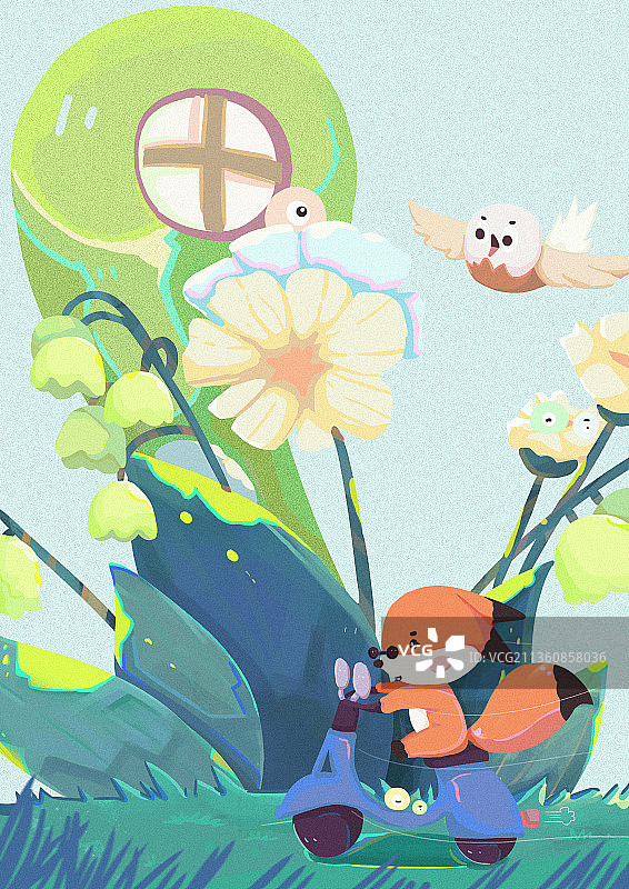 小狐狸立春骑小摩托绿色调图片素材