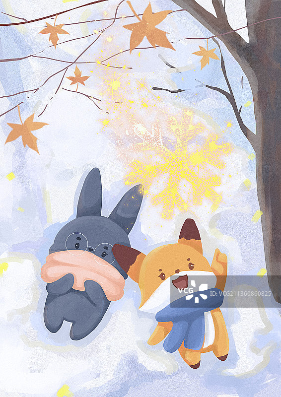 狐狸兔子冬天雪地雪花赏景图片素材