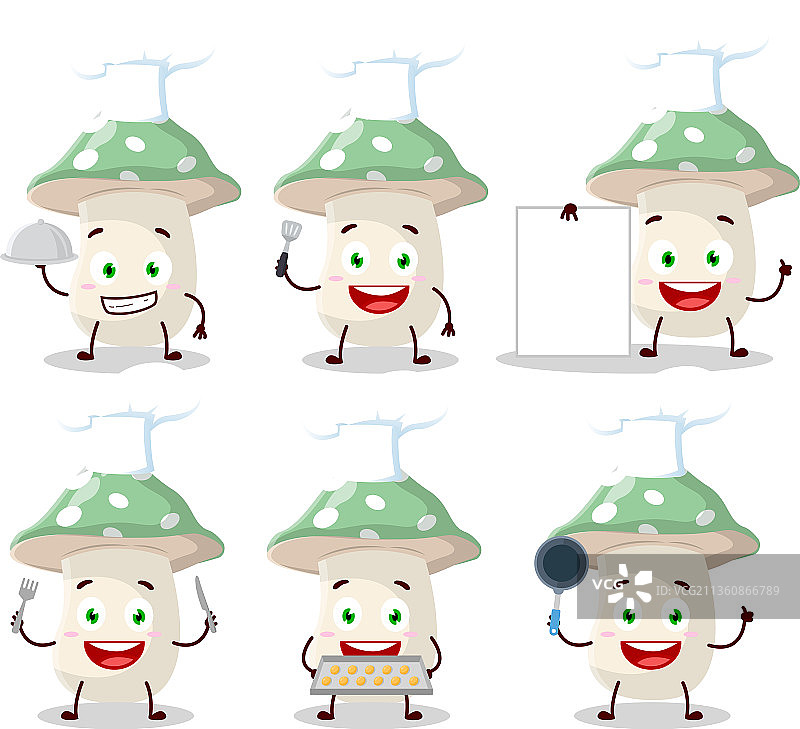 具有各种特征的绿色毒蝇鹅膏卡通角色图片素材