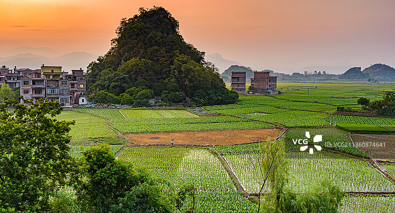 清晨山脚下的村庄田园风光图片素材