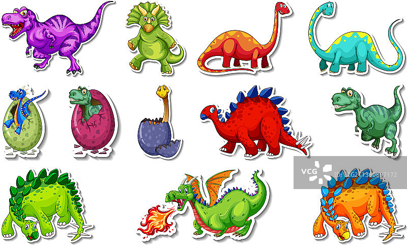 不同类型的恐龙贴纸套装图片素材