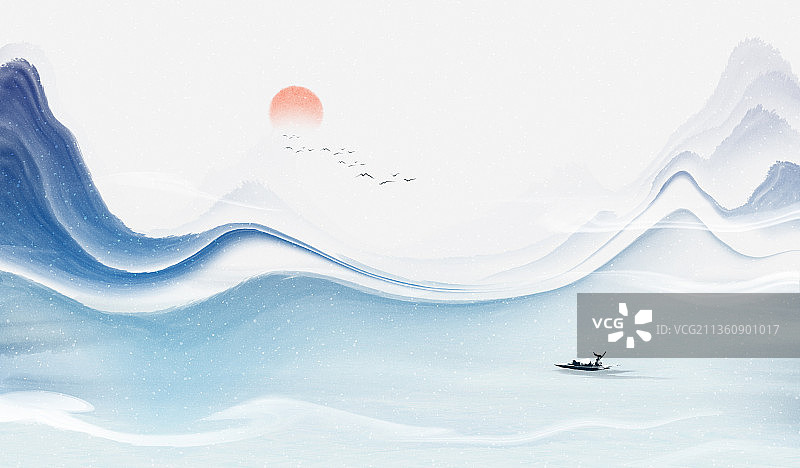 独钓寒江雪新中式冬季风景插画图片素材