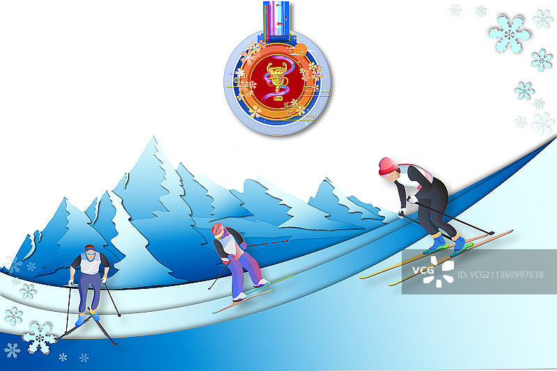 越野滑雪运动滑雪运动的剪纸插画风格图片素材