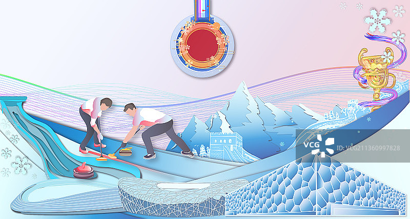 冰壶运动和北京滑雪运动地标建筑群剪纸风插画图片素材