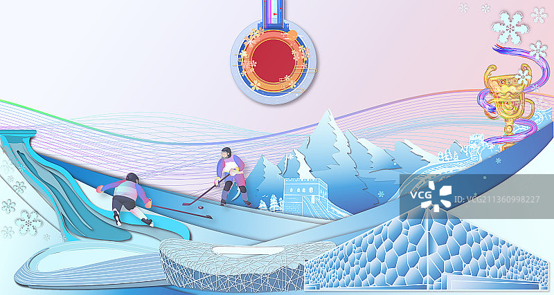 冰球运动和北京滑雪运动地标建筑群剪纸风插画图片素材