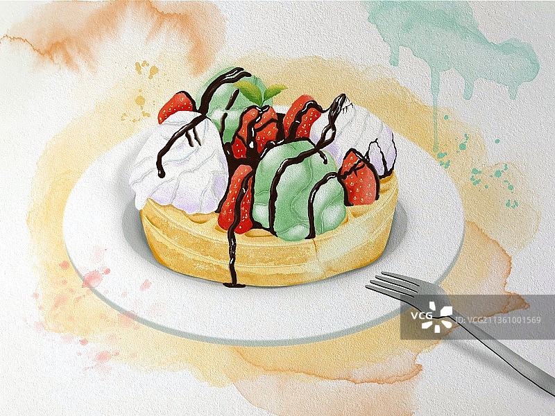 草莓雪糕松饼～美食插画图片素材