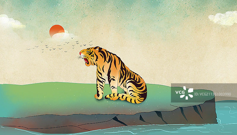 2022虎年年俗插画 成语故事虎啸山河 虎年大吉图片素材