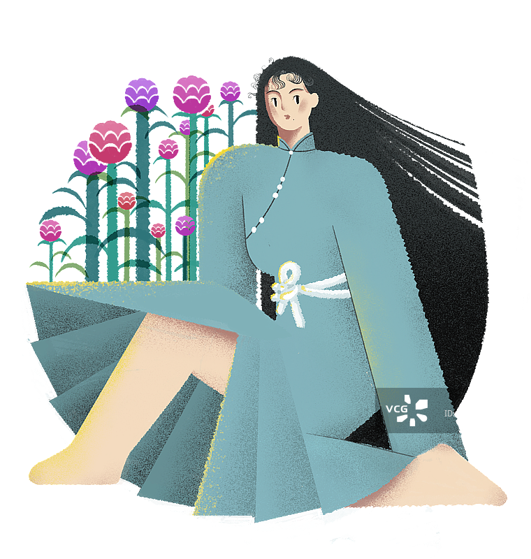 花卉背景的长发古风女子插画元素图片素材