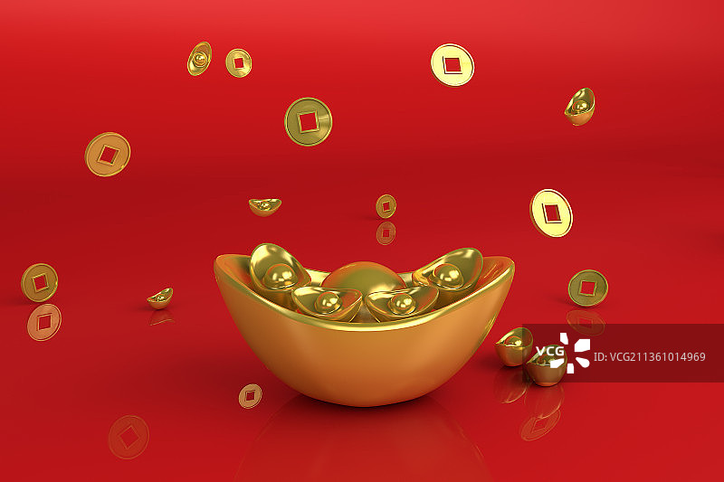 3D渲染的金元宝和铜钱,财富概念图片素材