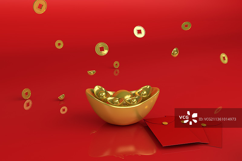 3D渲染的金元宝和红包,财富概念图片素材