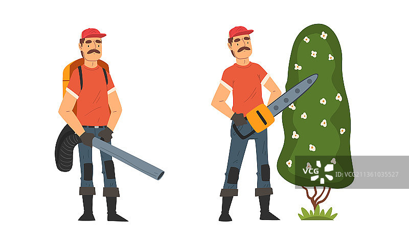 戴帽子和手套，拿着锯子的胡子园丁图片素材