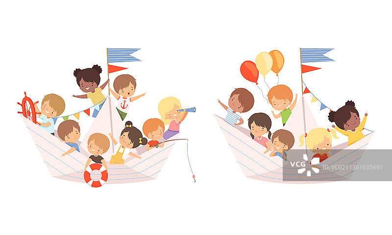 一群在纸船上航行的可爱微笑儿童图片素材