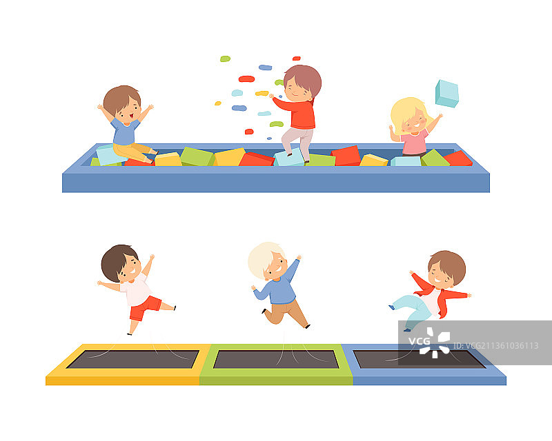 在蹦床上玩耍的可爱儿童图片素材