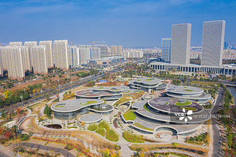张家港金港文化中心，现代建筑，线条，全景，航拍图片素材