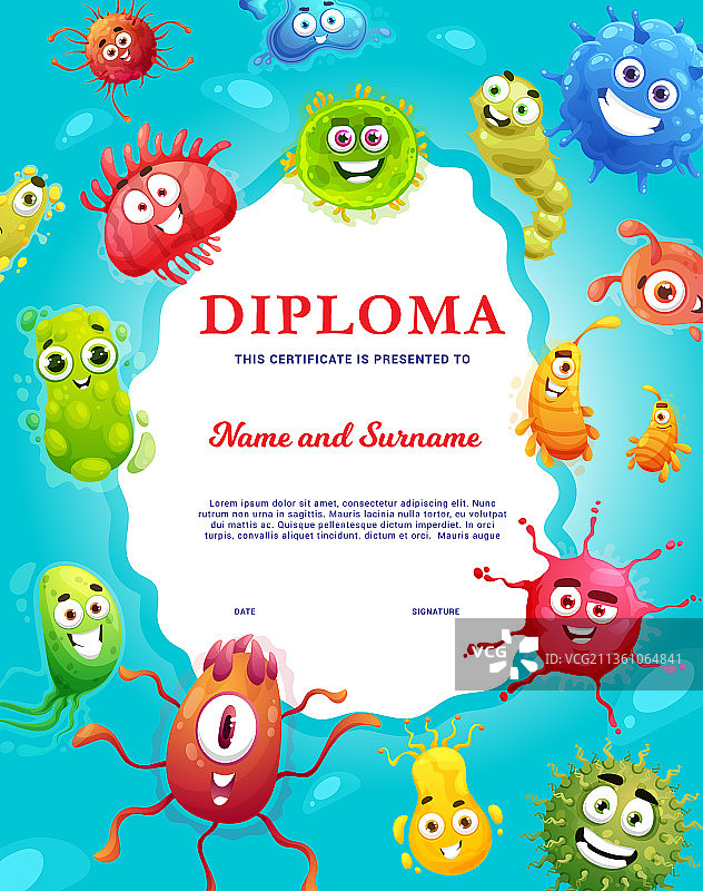 含有微生物和病毒的儿童教育文凭图片素材