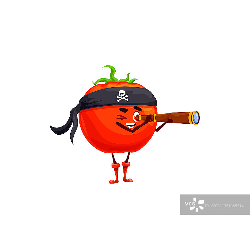 红色番茄卡通海盗表情符号拿着望远镜图片素材