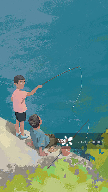 河边钓鱼的孩子图片素材