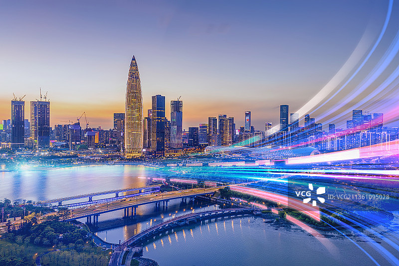 广东省深圳市南山区后海城市天际线数据流图片素材