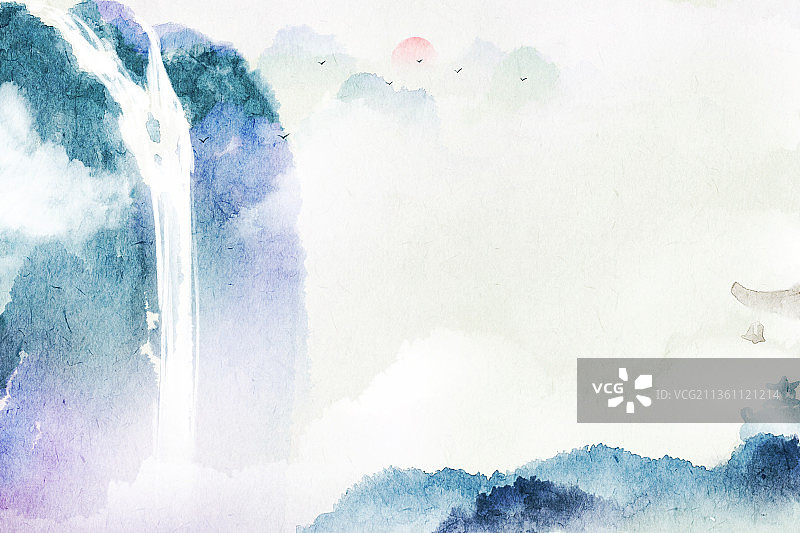 望庐山瀑布古诗词配图水彩风景插画图片素材