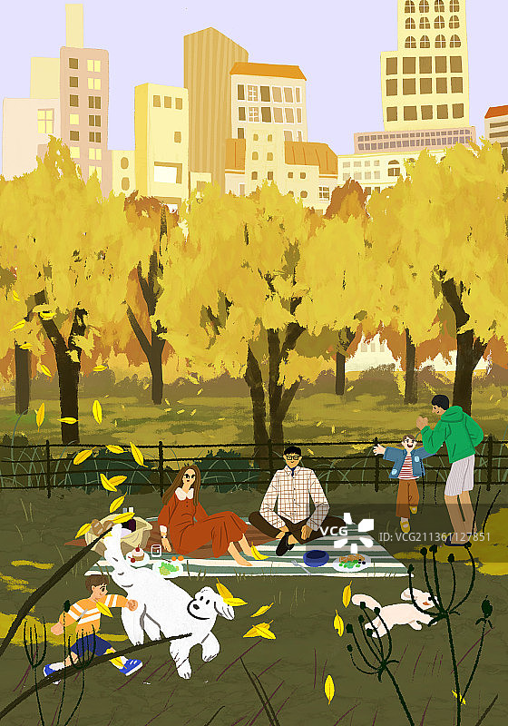 秋季公园景观及宠物狗儿童城市风光图片素材