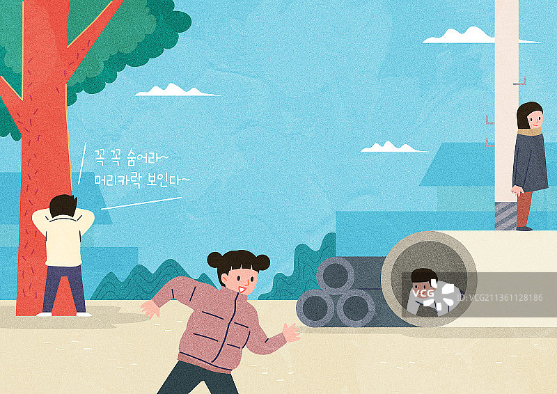 玩恶作剧，小学生在巷子里玩捉迷藏，复古风格图片素材