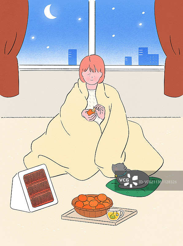 冬季夜宵：壁炉旁的橘子与猫咪图片素材